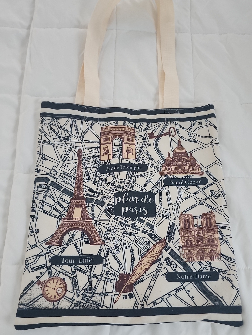 Paris Landmark Canvas Tote Bag in Cream, Navy & Brown